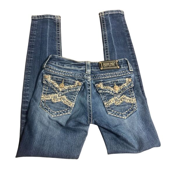 Y2K Miss Me Size 25 S Emo Skater Scene McBling Glam Punk Blue Denim Skinny Jeans - Picture 1 of 6